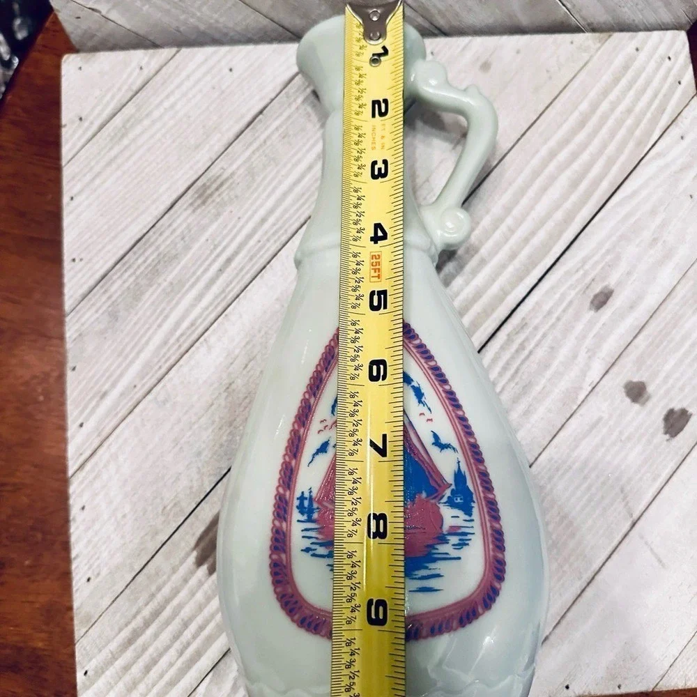 Vintage Milk Glass Decanter Sailboat Windmill Nautical White Pitcher Bottle 9.5